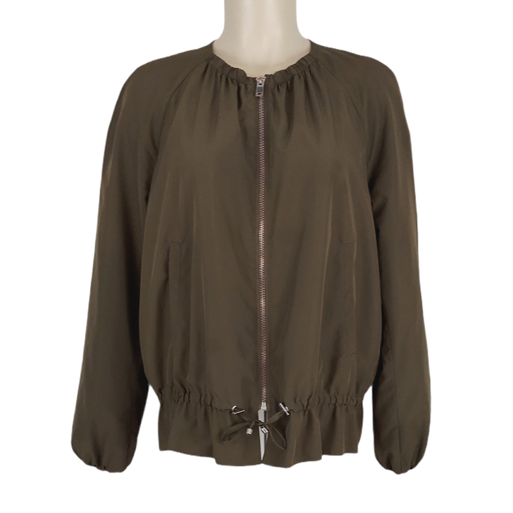 Zara Basic Outerwear Zip-Up Windbreaker Jacket Sz XS Green Drawstring Waist
